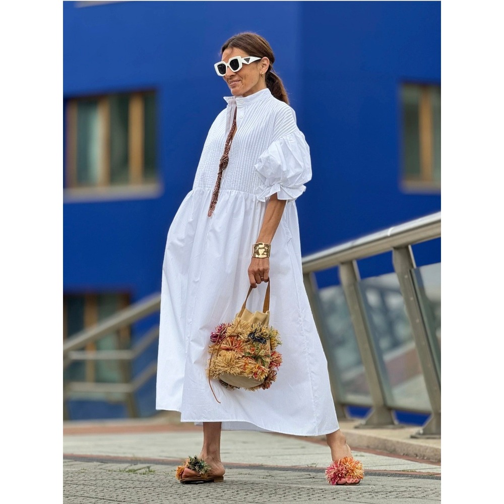 Marielle Almelo Phoebe White Cotton Pleated Puff Sleeve Midi Shirt Dress